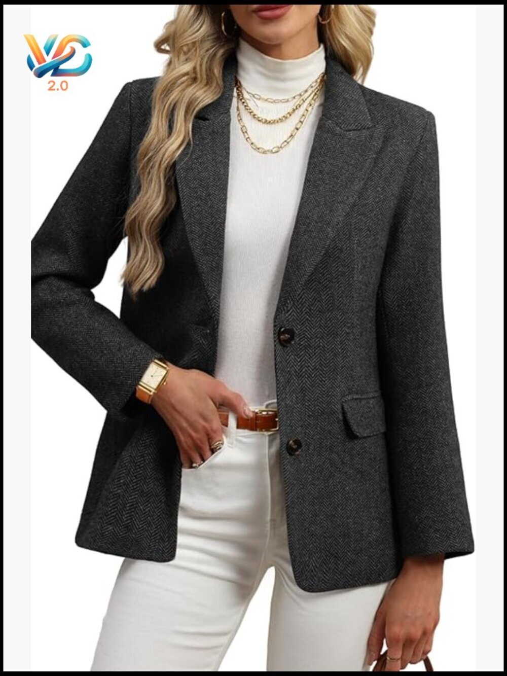 Wool Blend Herringbone Tweed Blazer Oversized Fit Business Casual Jacket
